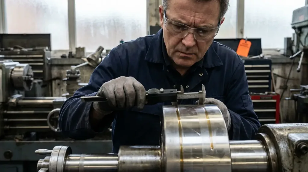 инженер измеряет стальную деталь