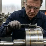 инженер измеряет стальную деталь