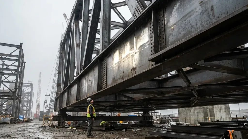 инженер осматривает большие балки